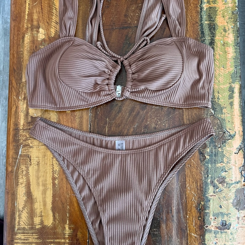 Brown Ribbed Bikini Set